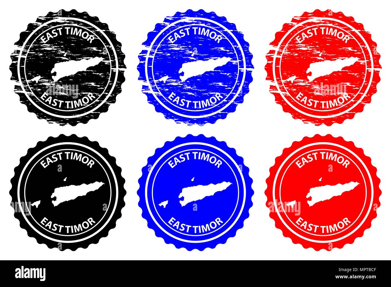 East Timor - rubber stamp - vector, Democratic Republic of Timor-Leste map pattern - sticker - black, blue and red Stock Vector