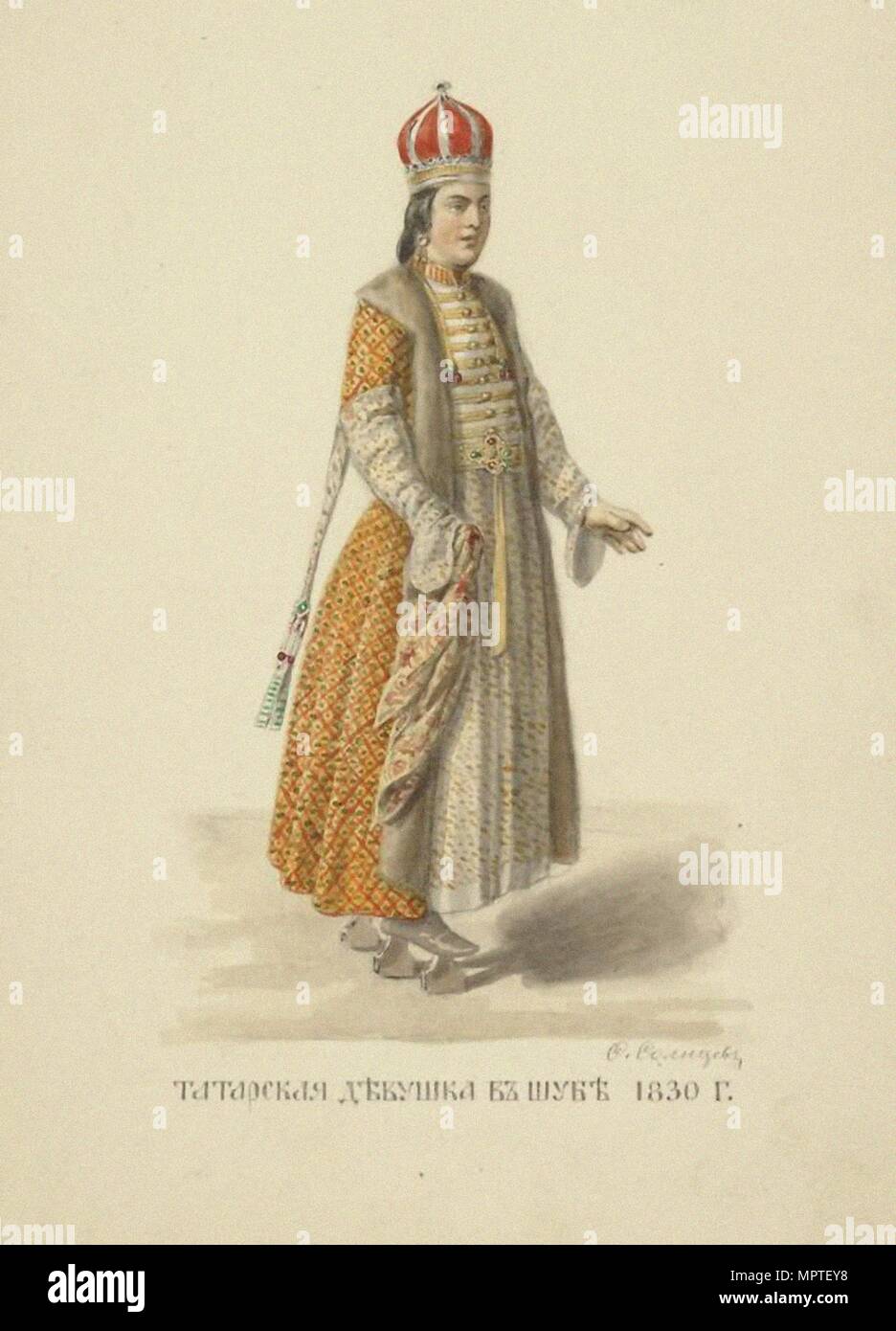 Kazan Tatar Girl in Fur Coat of 1830 (From the series Clothing of the Russian state), 1869. Stock Photo