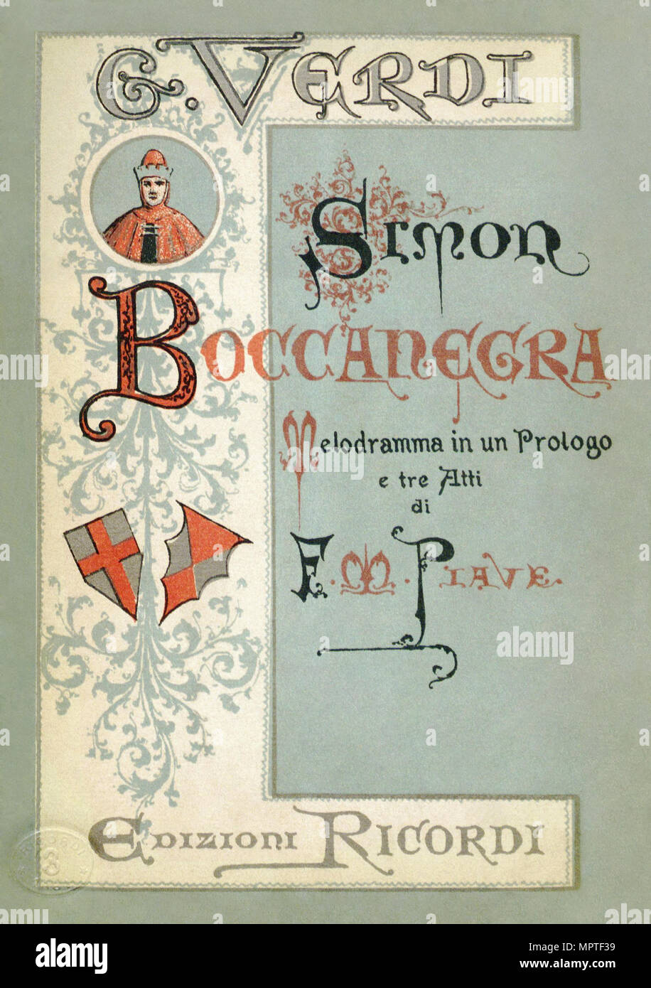 Cover to the first edition of the Libretto of opera Simon Boccanegra by Giuseppe Verdi, 1881. Stock Photo