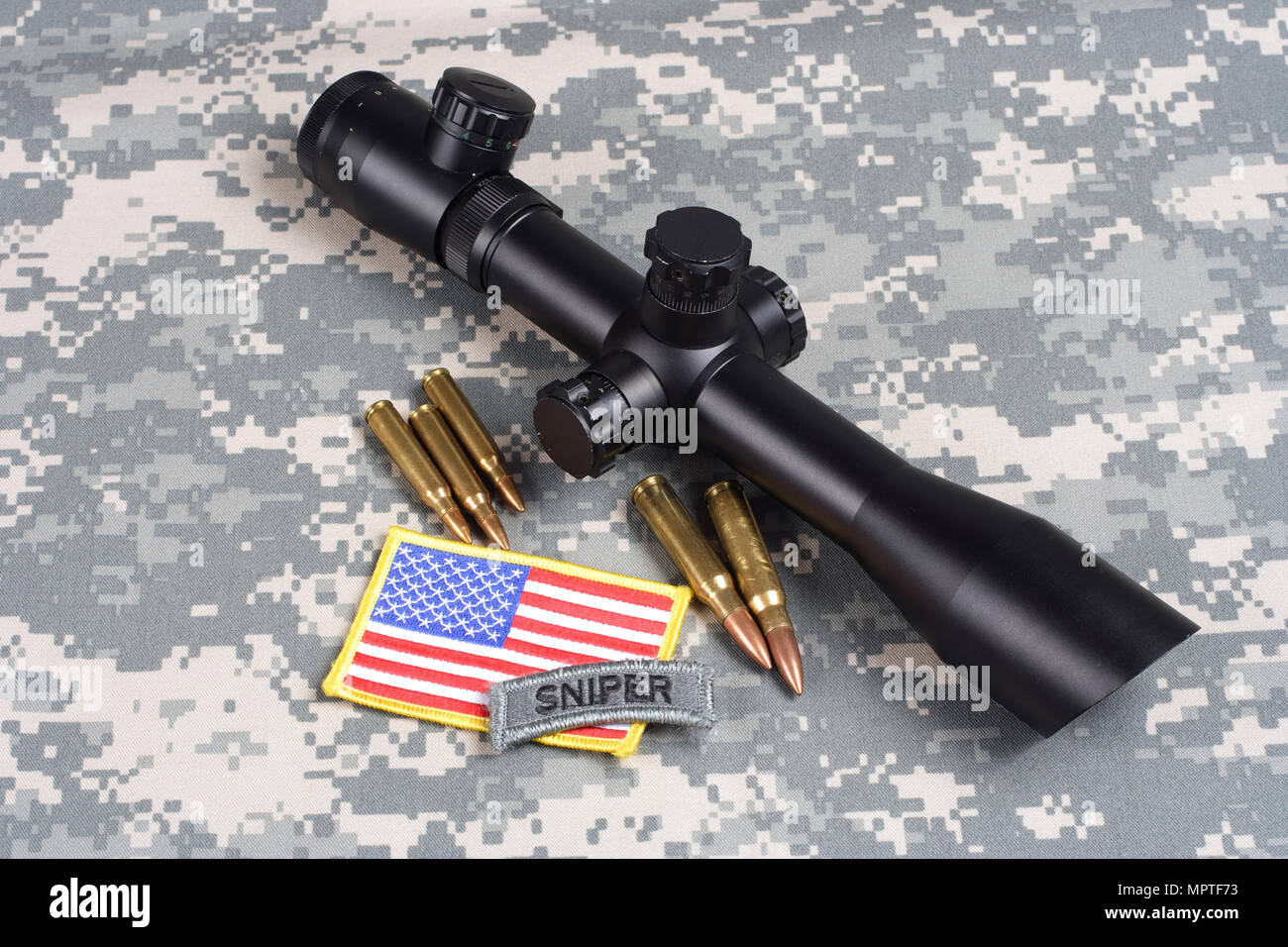 US ARMY background concept - sniper with scope and insignia Stock Photo