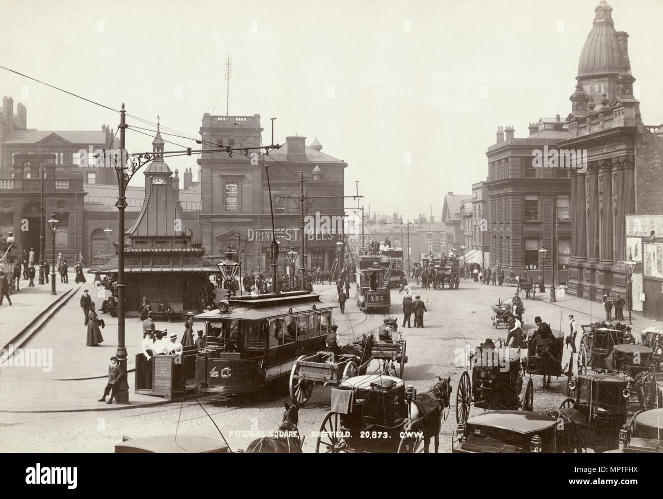 Horse-drawn taxis and electric trams on Fitzalan Square, Sheffield, Yorkshire, c1900 Artist: George Washington Wilson and Company. Stock Photo