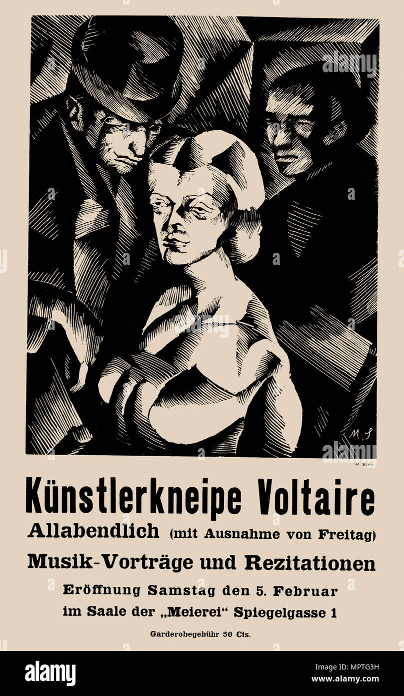 Poster for the opening of the Cabaret Voltaire on 1916-02-05, 1916. Stock Photo