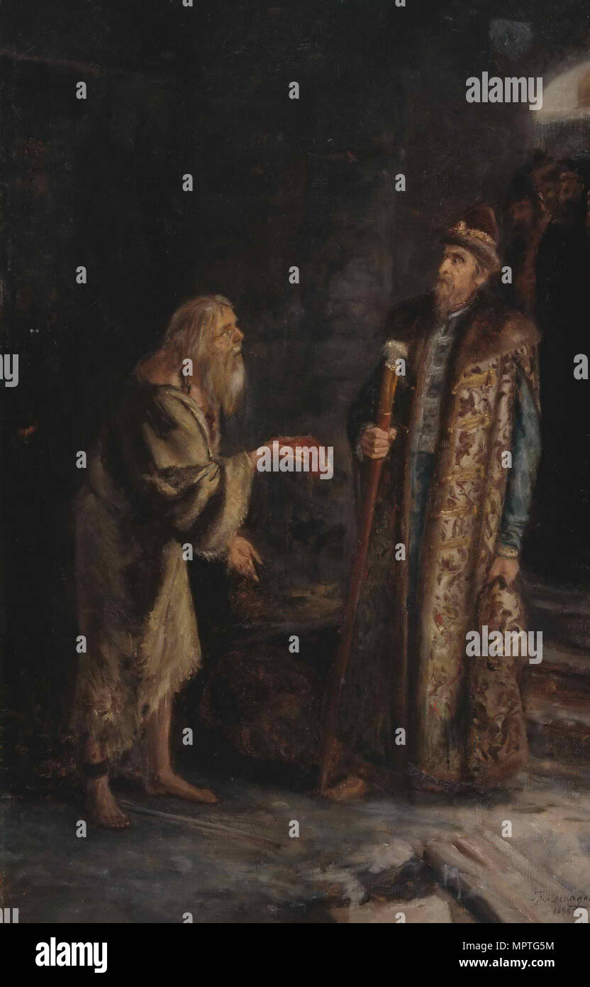 Blessed Nicholas, the Fool for Christ of Pskov and Tsar Ivan IV the Terrible, 1899. Stock Photo