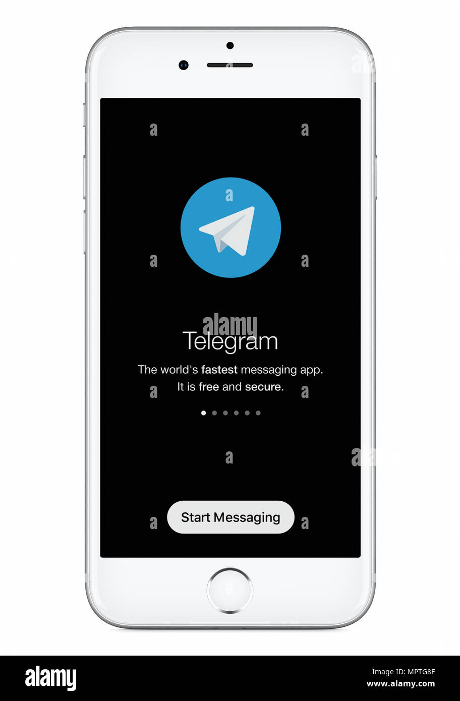 Telegram messenger launch screen with Telegram logo on white Apple iPhone 8 display. Stock Photo