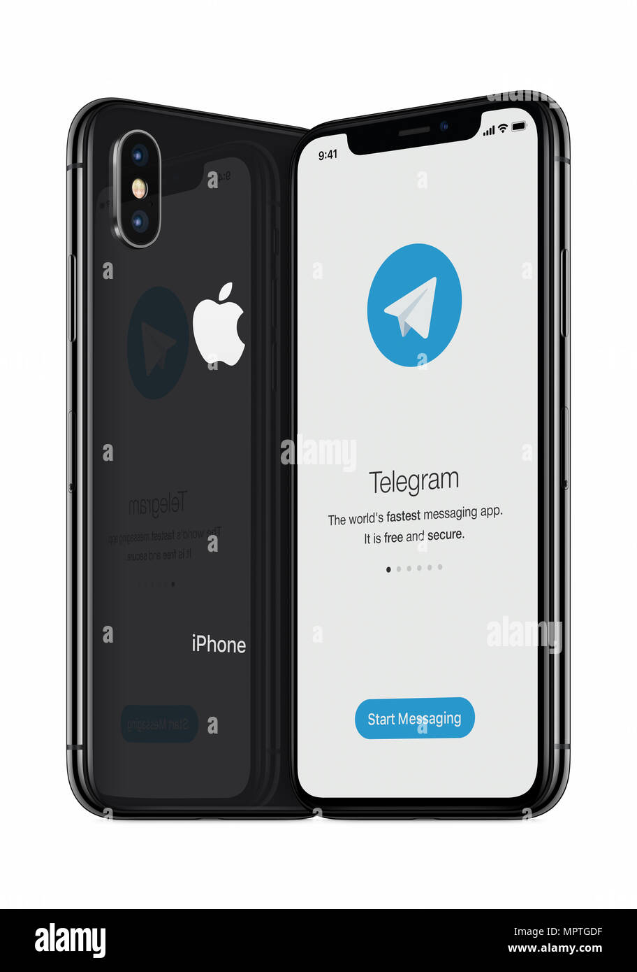 Telegram messenger launch screen with Telegram logo on turned Apple iPhone X display. Stock Photo