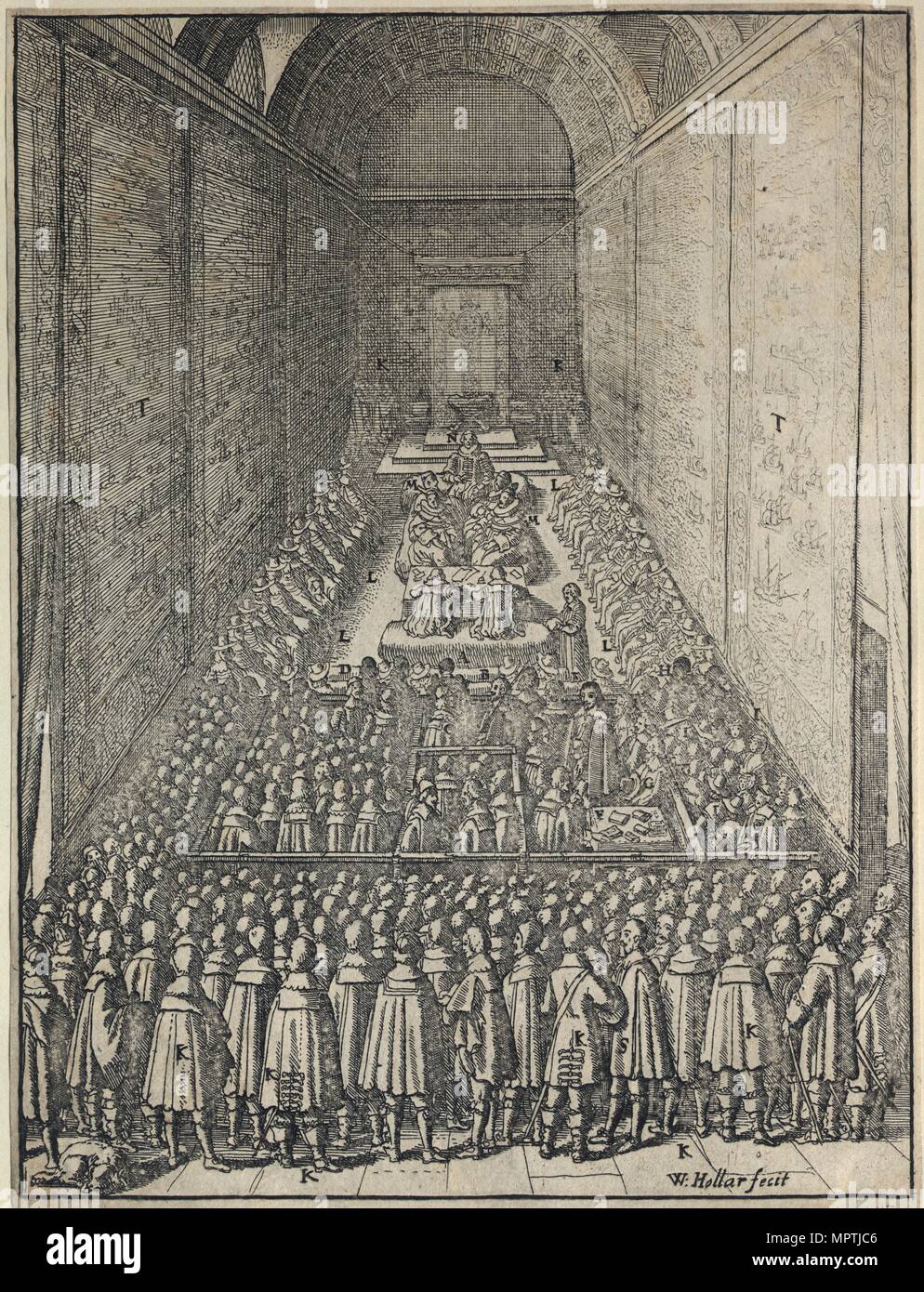 Interior of the House of Lords in session, Palace of Westminster, London, c1650. Artist: Wenceslaus Hollar. Stock Photo