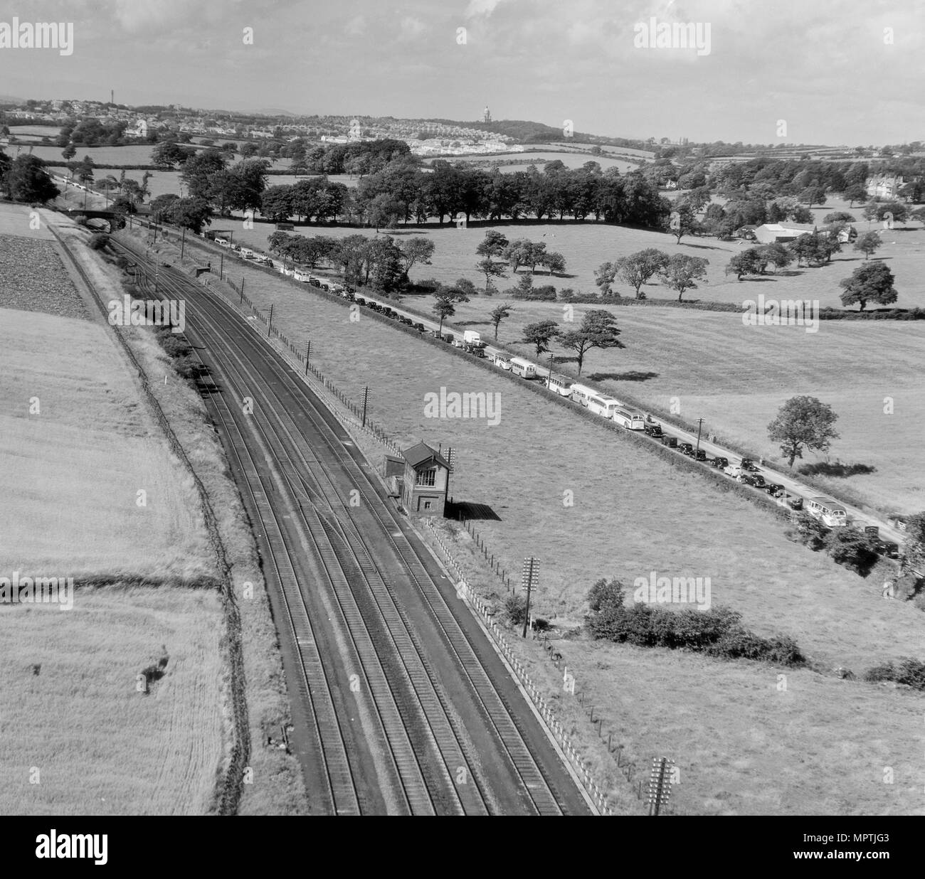 Traffic jam on the Preston-Lancaster Road, Lancashire, July 1951. Artist: Aeropictorial Ltd. Stock Photo