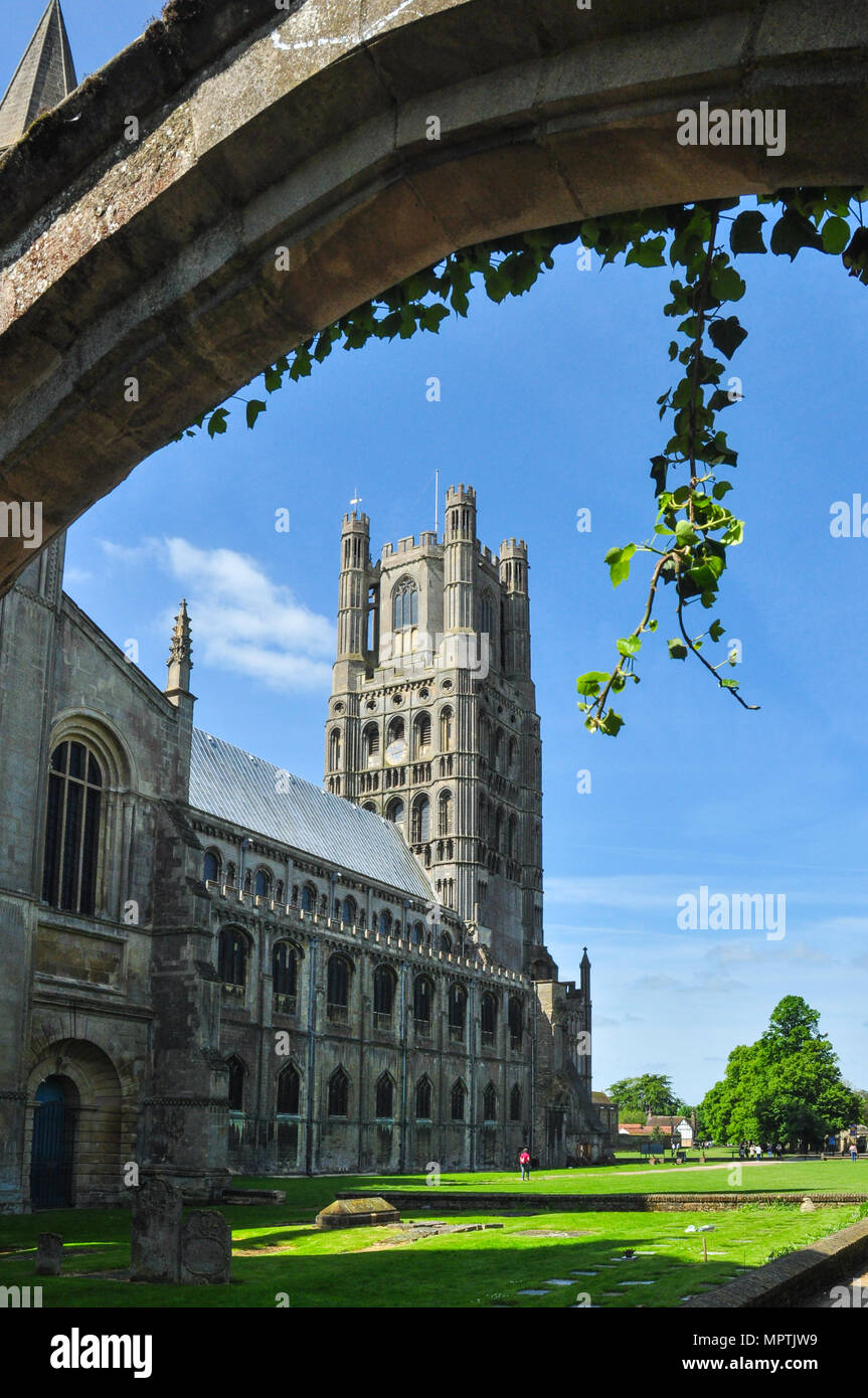 West Tower of Ely Cathedral through a stone arch, Ely, Cambridgeshire, England, UK Stock Photo