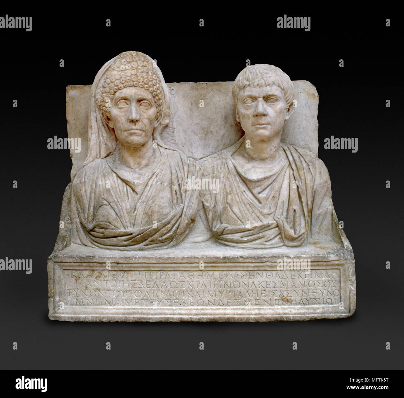 Marble tombstone of the doctor Claudius Agathemerus and his wife Myrtale, c100. Artist: Unknown. Stock Photo