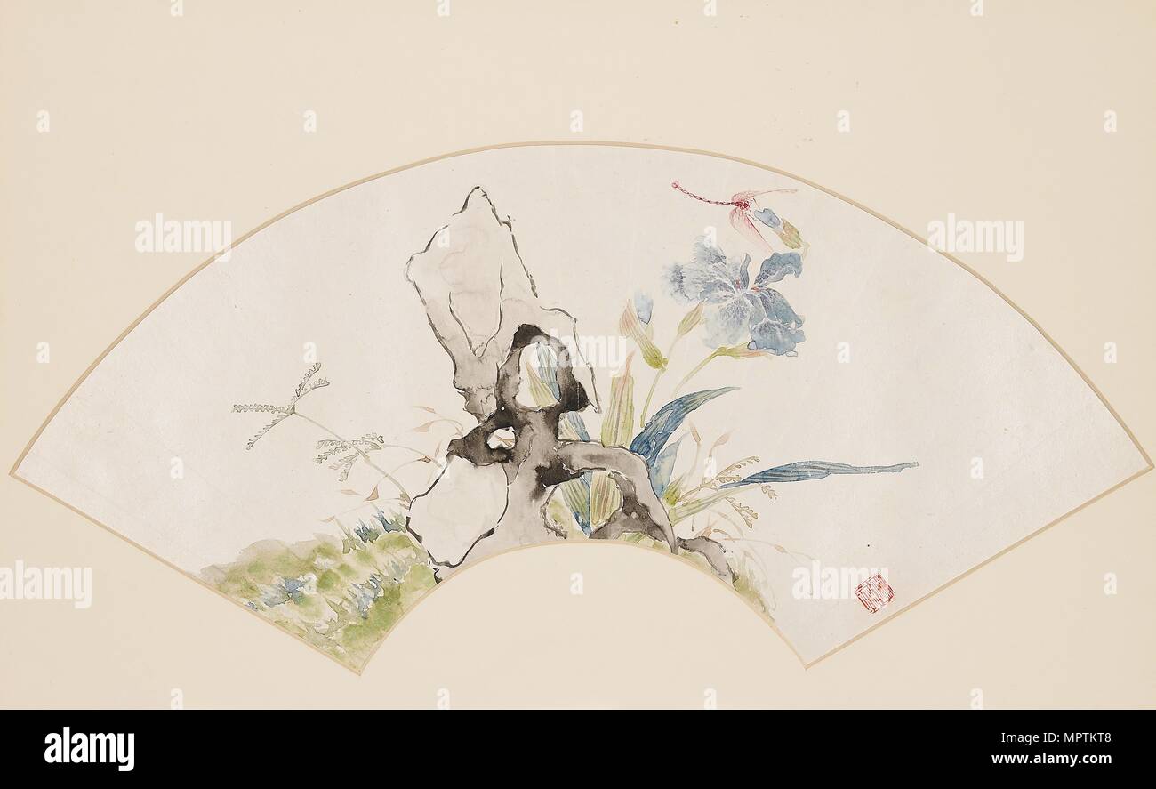 Lily, rock, and dragonfly, 19th century (1801-1900). Artist: Baoru Liu. Stock Photo