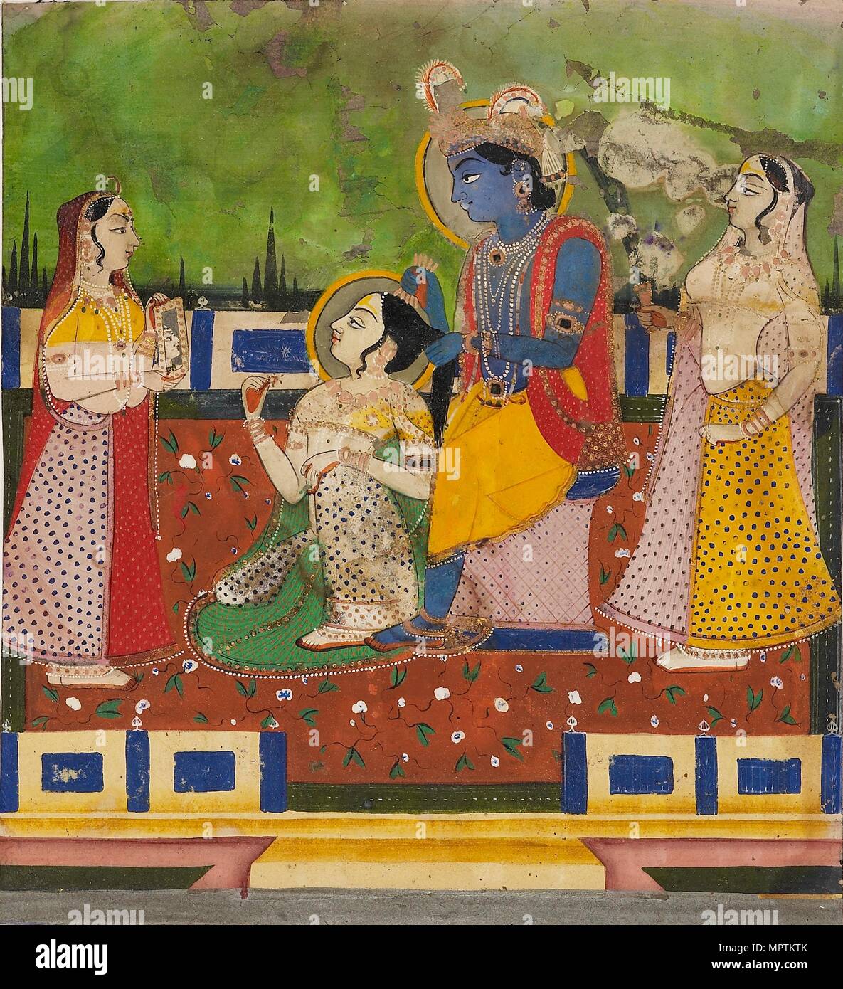 Radha and Krishna on a terrace, 19th century. Artist: Unknown. Stock Photo