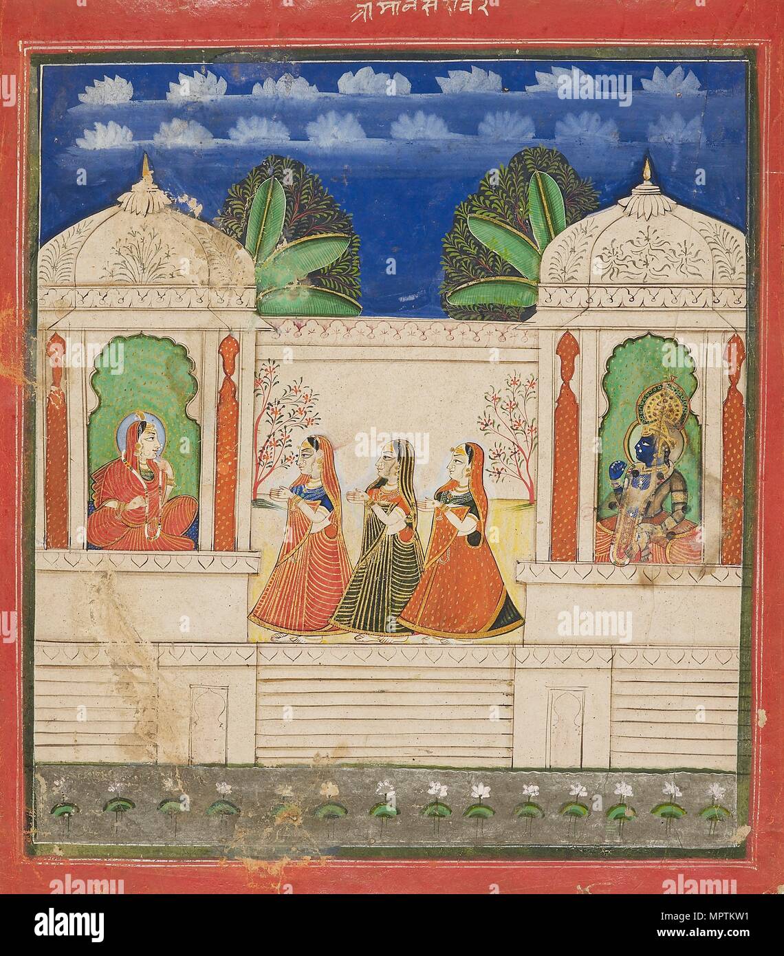 Krishna and Radha in two pavilions, 19th century. Artist: Unknown. Stock Photo