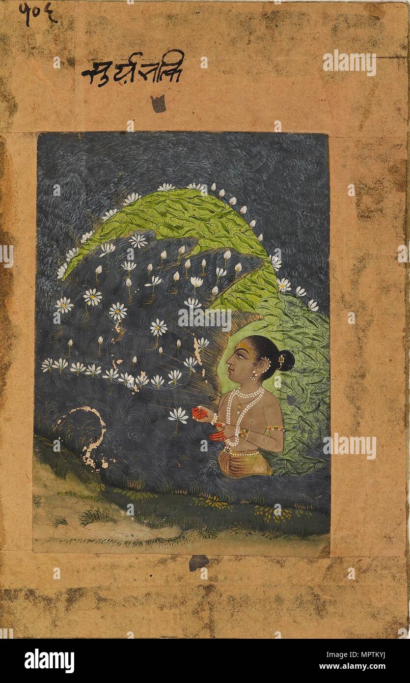 Lady in a lotus lake worshipping the sun, early 18th century. Artist: Unknown. Stock Photo