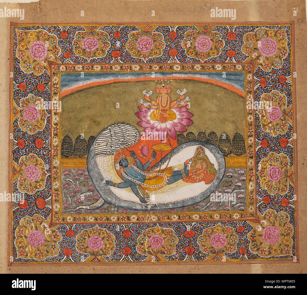 Vishnu and Lakshmi on the serpent Shesha, with Brahma on the lotus ...