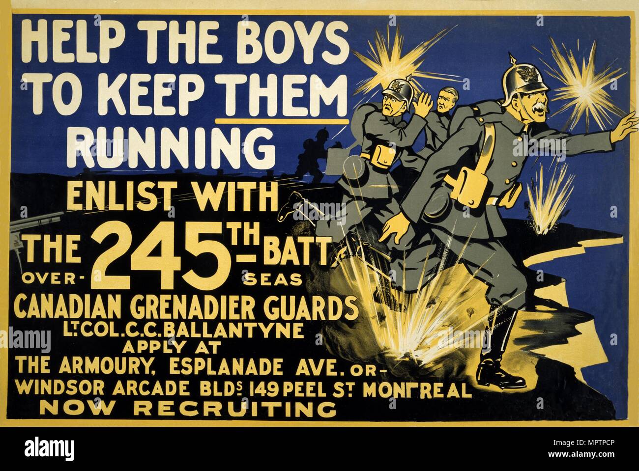 Canadian Army Recruitment Poster Help the Boys Keep them Running, 1914-1918. Stock Photo