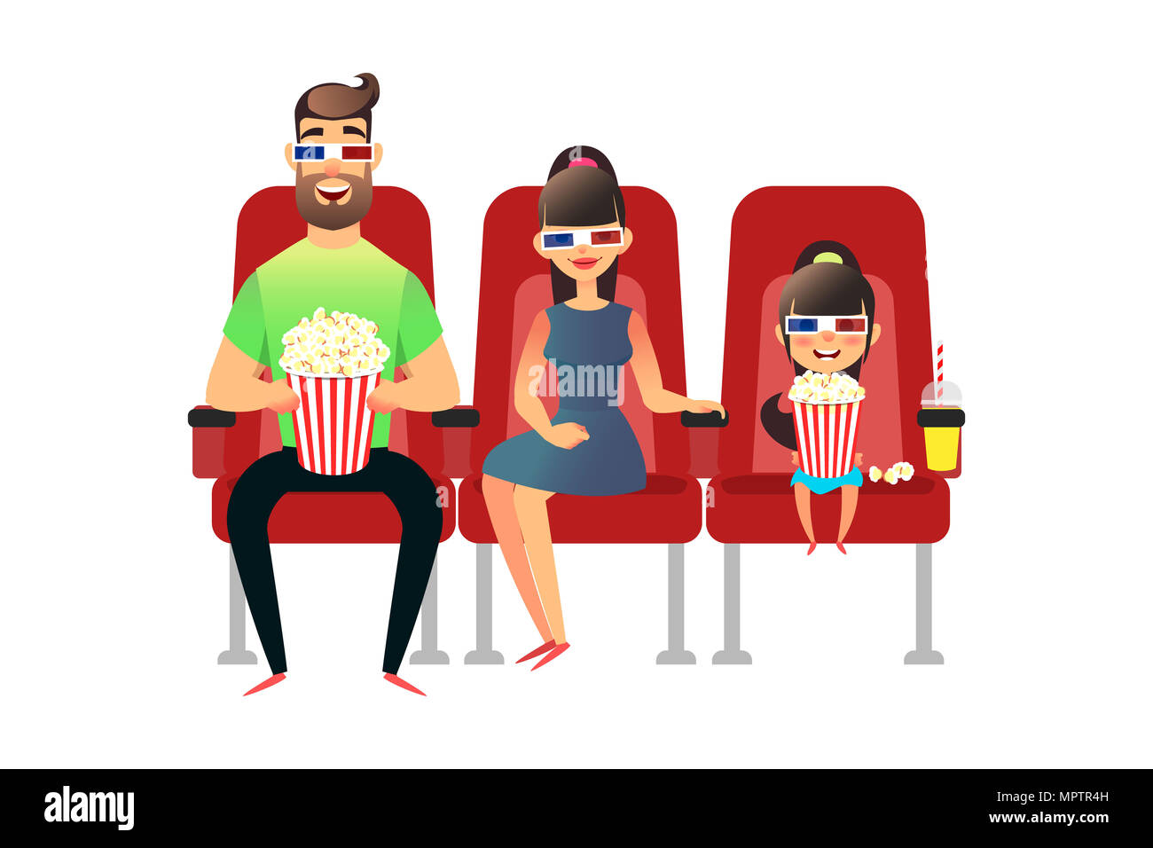 Happy family watching movie in the cinema. Mom, Dad and daughter in 3d glasses. Man, woman and girl sit on the seats and watch premiere with popcorn a Stock Photo