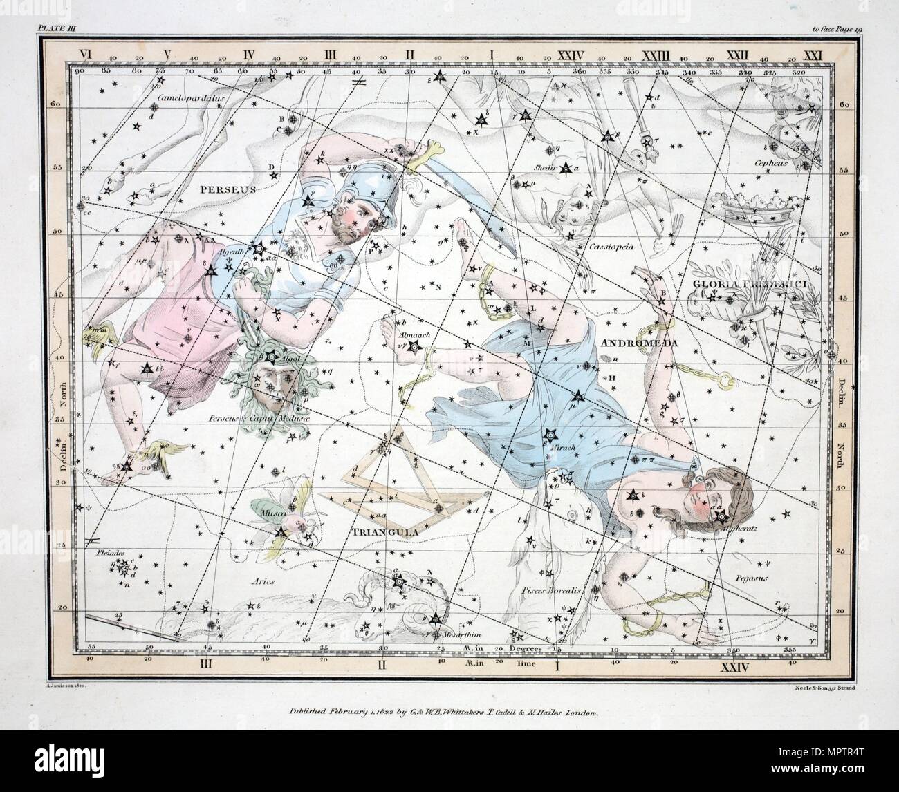 The Constellations (Plate III) Andromeda, Triangula,I  Perseus et Caput Meduse,  Gloria Frederici, Stock Photo