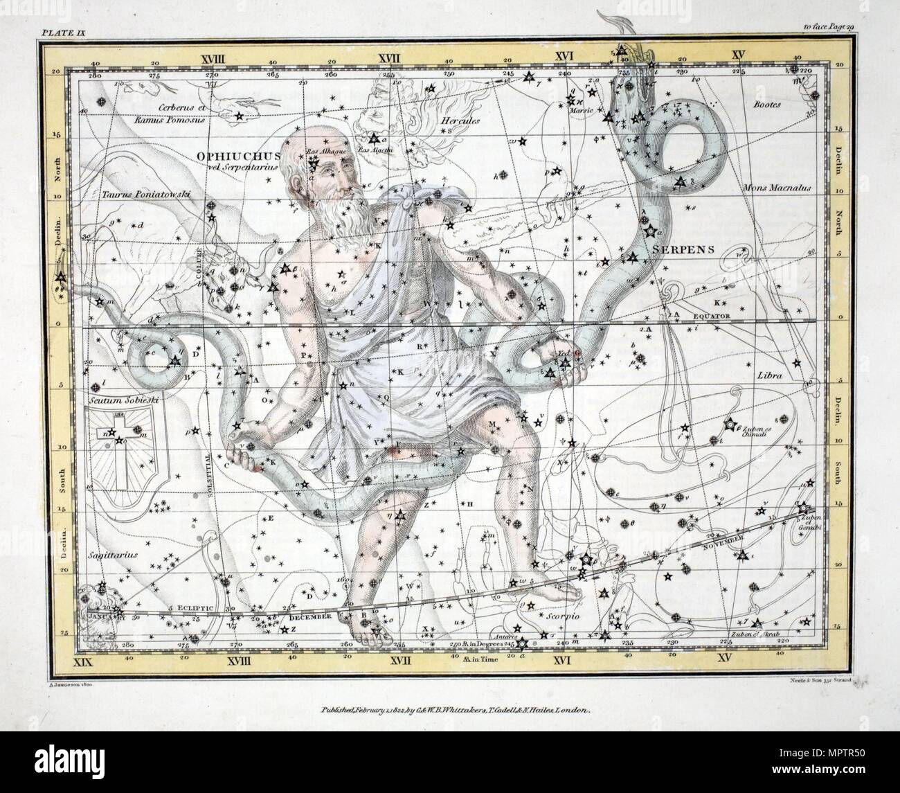 The Constellations (Plate IX) Olphiuchus, or Serpentarius, and Serpens, 1822. Stock Photo