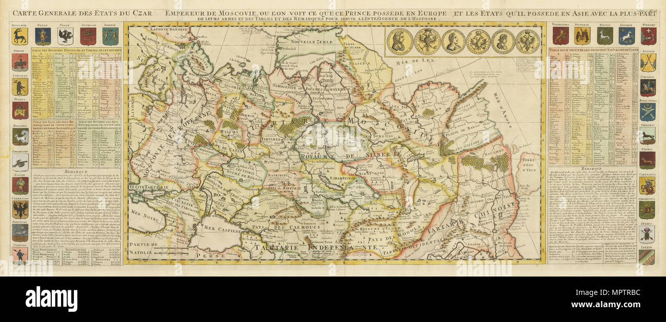 Map of Muscovy, with coats of arms, Russian coins of the day and explanatory panels. Stock Photo