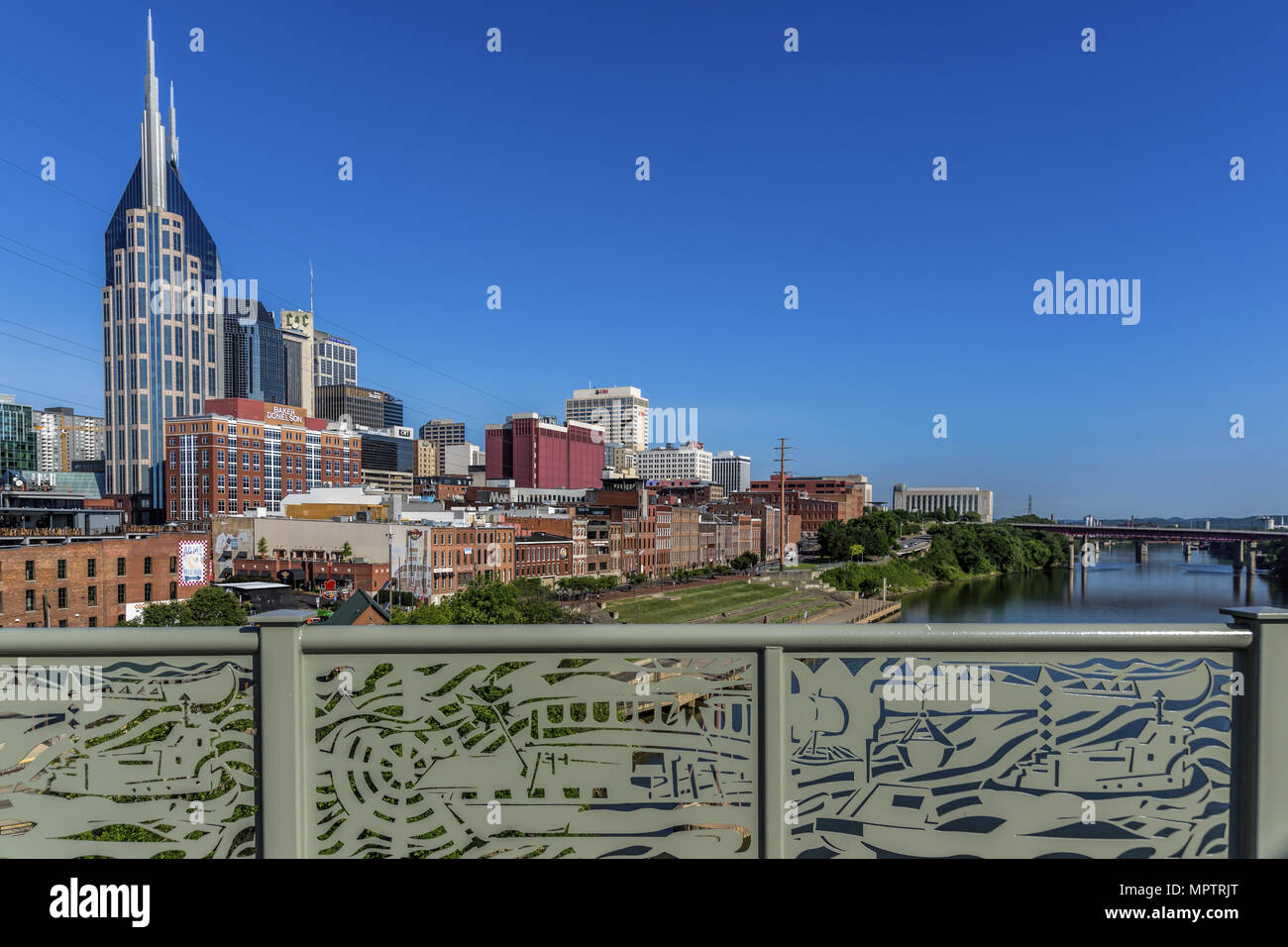 Nashville, Tennessee skyline as seen from the walking pedestrian bridge . Stock Photo