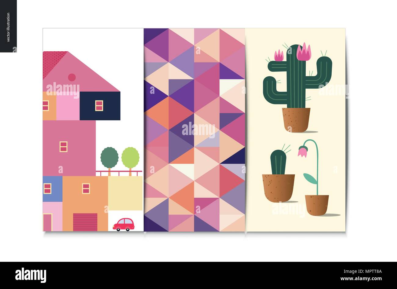 Simple things - postcards - flat cartoon vector illustration of set of colorful countryside house with a terrace and trees, abstract pattern, cactus w Stock Vector