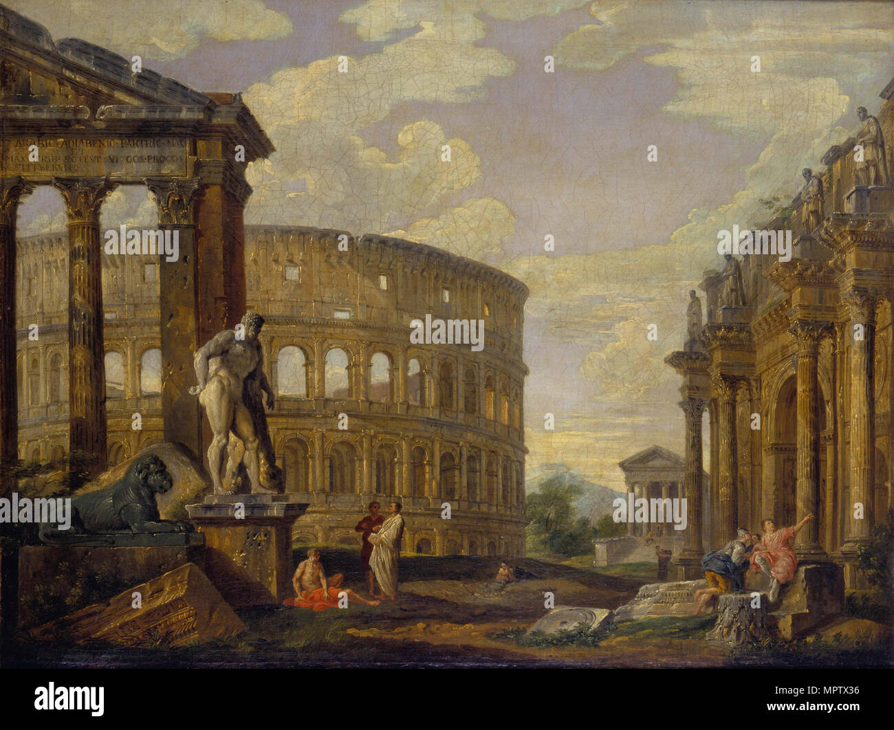 Landscape with Hercules and ruins of ancient Rome. Stock Photo