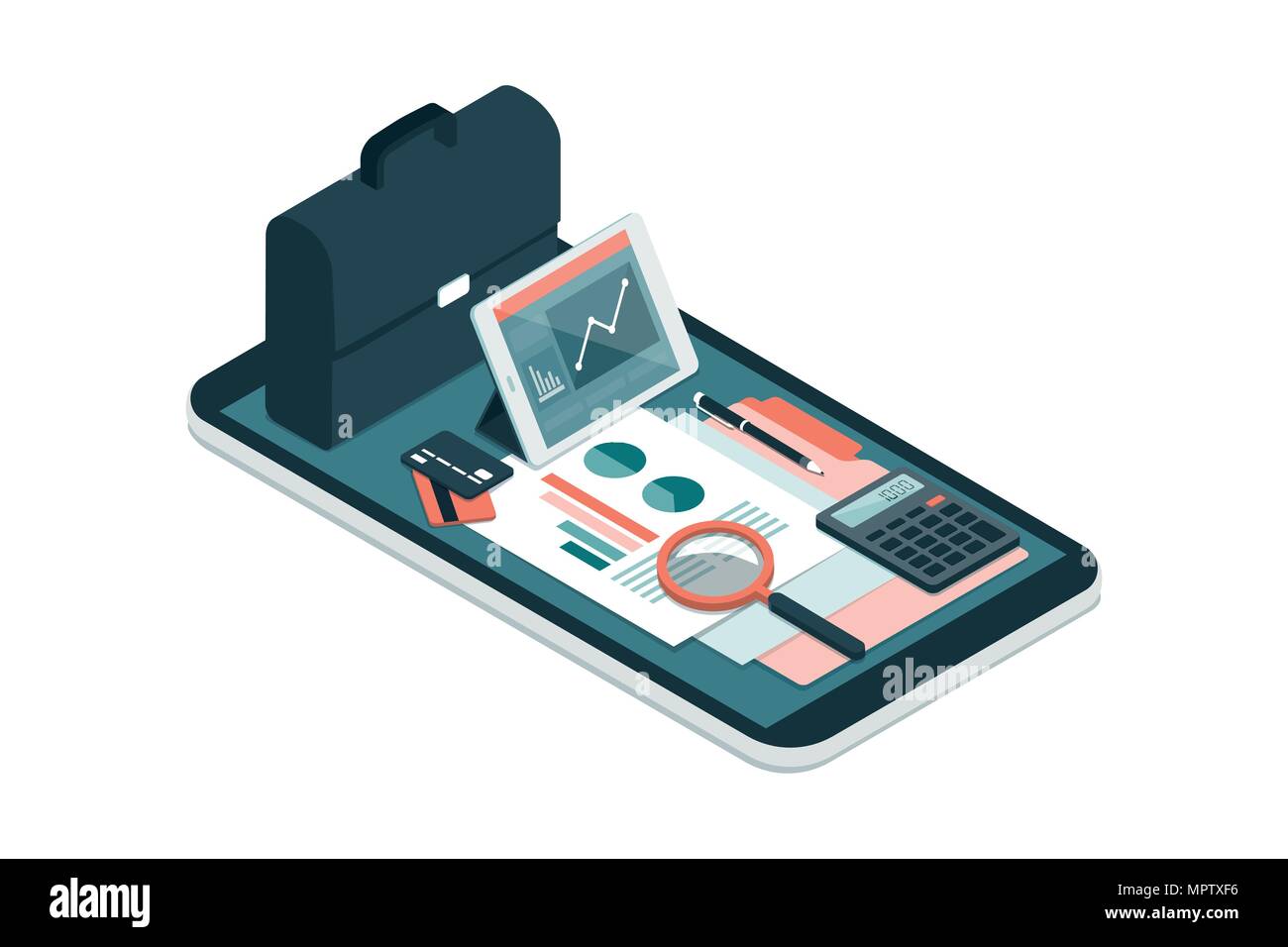 Business and finance management app for enterprises, business equipment and icons on a smartphone Stock Vector