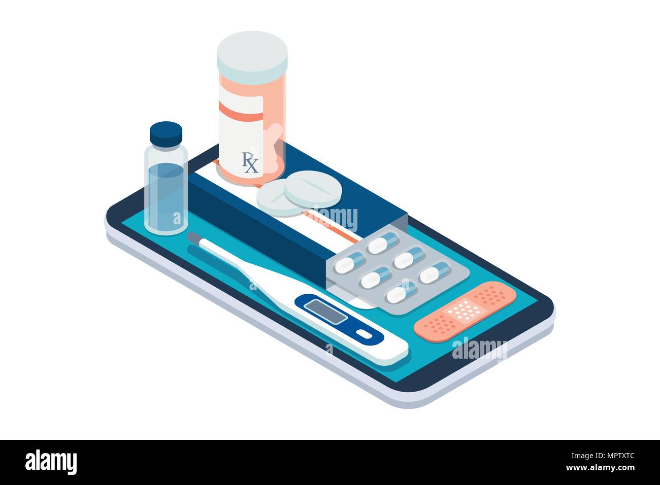 Medicine, healthcare and therapy app: prescription drugs, first aid and medical diagnosis equipment on a smartphone with icons Stock Vector