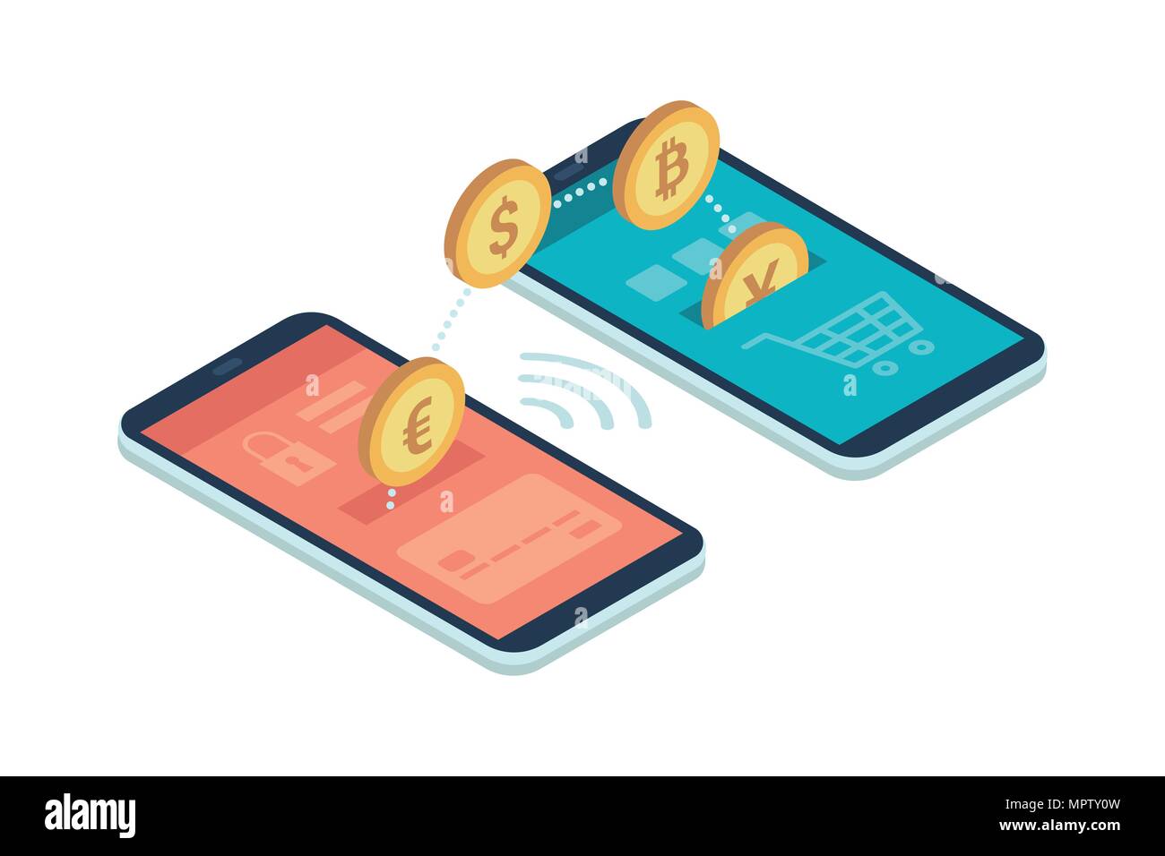 Safe and easy e-payments on smartphone using financial apps: international currencies and bitcoins transferring from an account to another Stock Vector