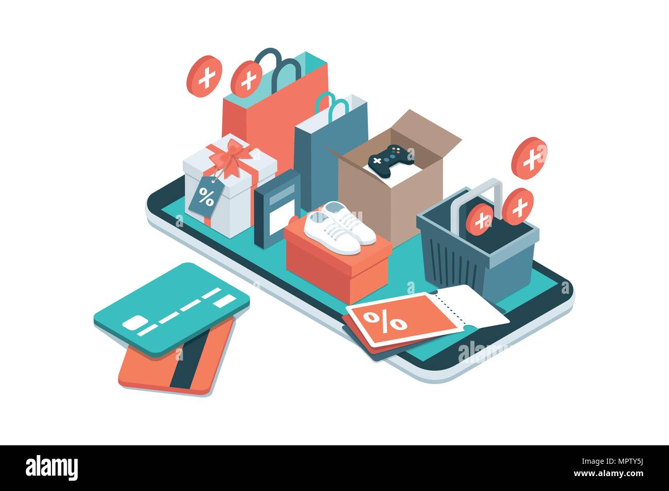 Online shopping app: gifts, shopping items, credit cards and discount coupons on a smartphone Stock Vector