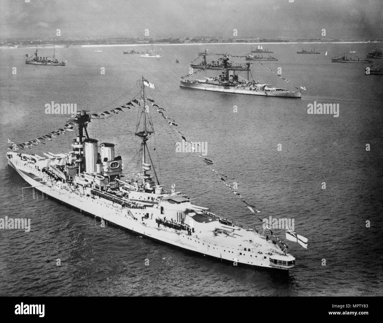 HMS 'Warspite' and other vessels at the Spithead Review off Gosport, Hampshire, 1924. Artist: Aerofilms. Stock Photo