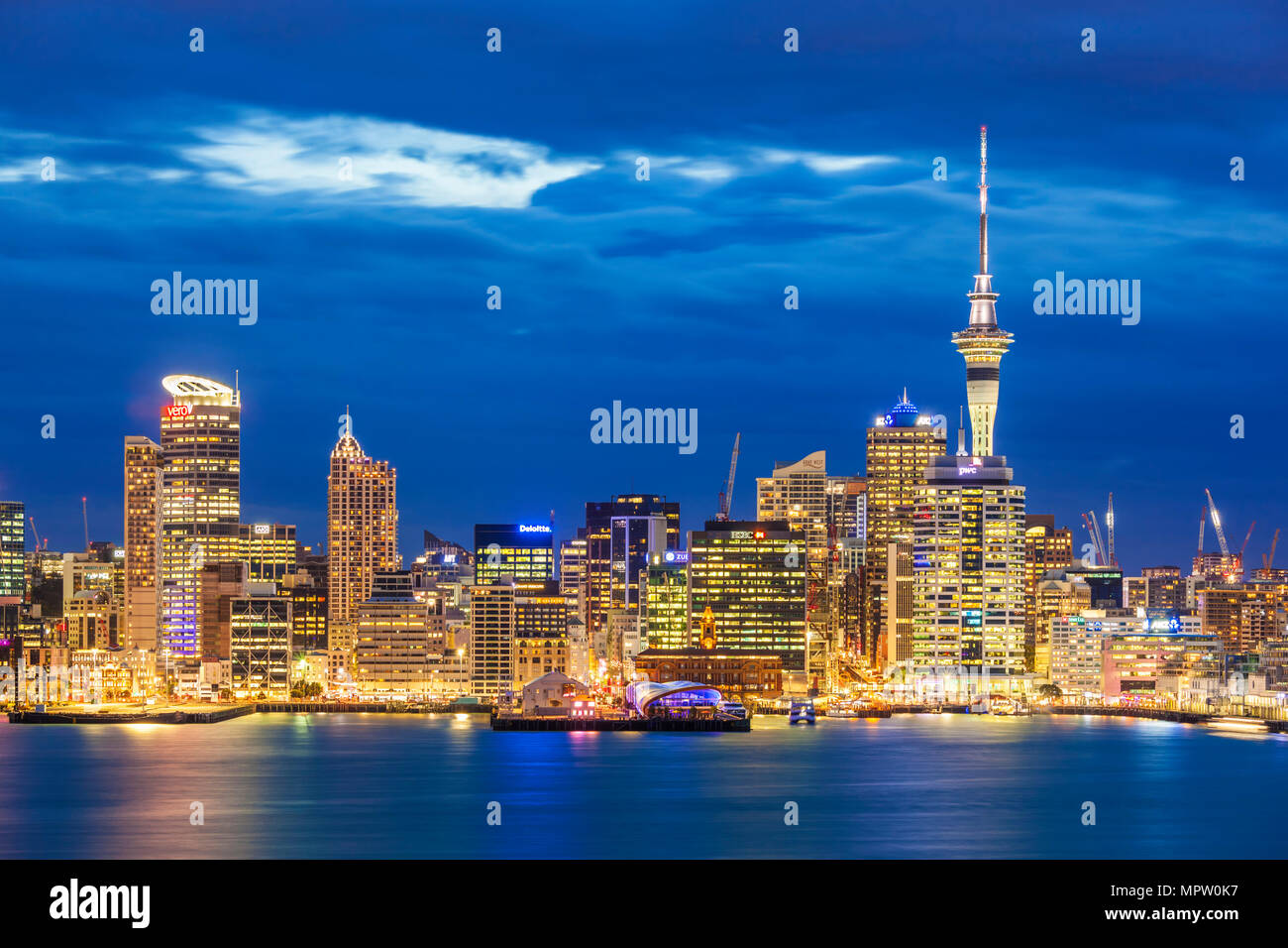 new zealand Auckland new zealand auckland harbour auckland skyline with Sky tower at sunset Waitematā Harbour North Island New Zealand Stock Photo