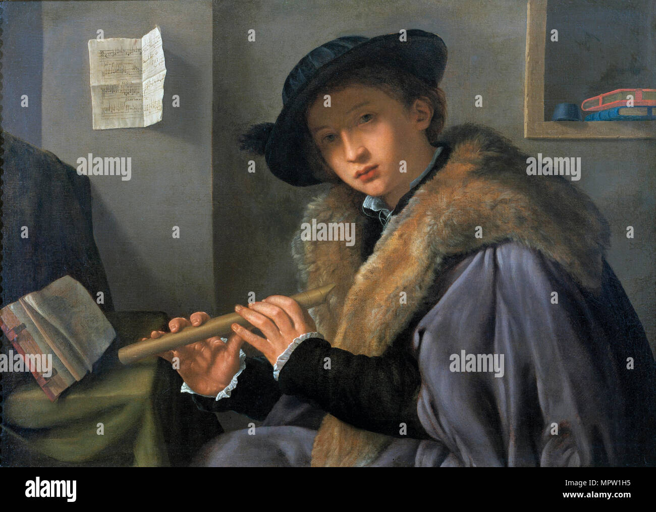 Portrait of a man with flute, c. 1525. Stock Photo