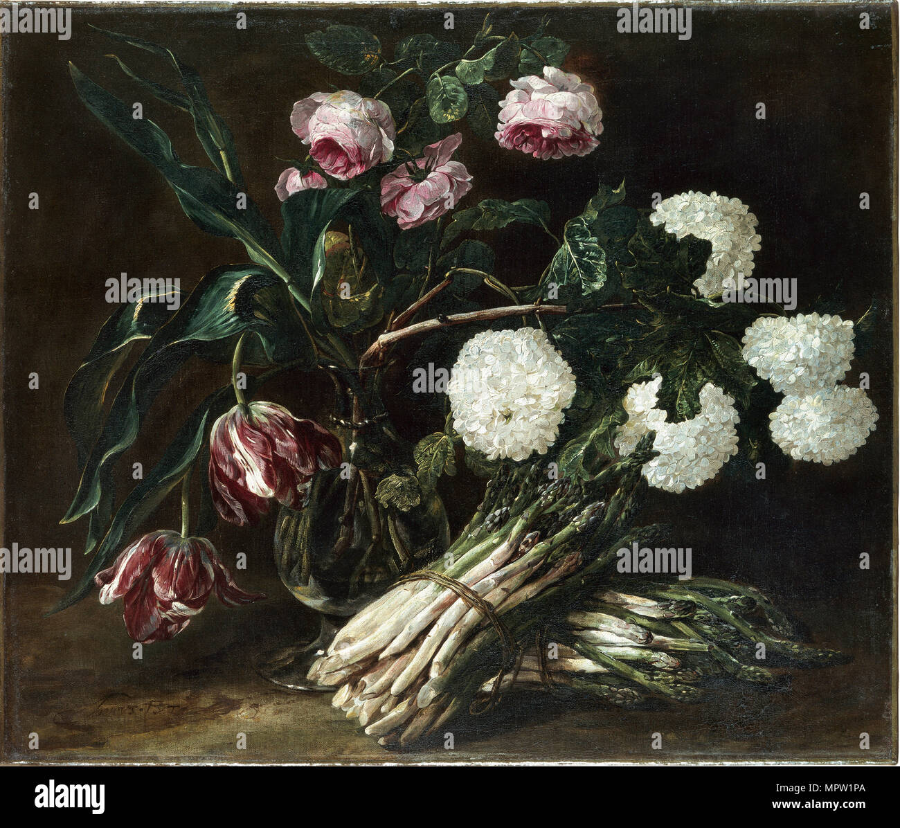 Vase of Flowers and two Bunch of Asparagus, c. 1650. Stock Photo