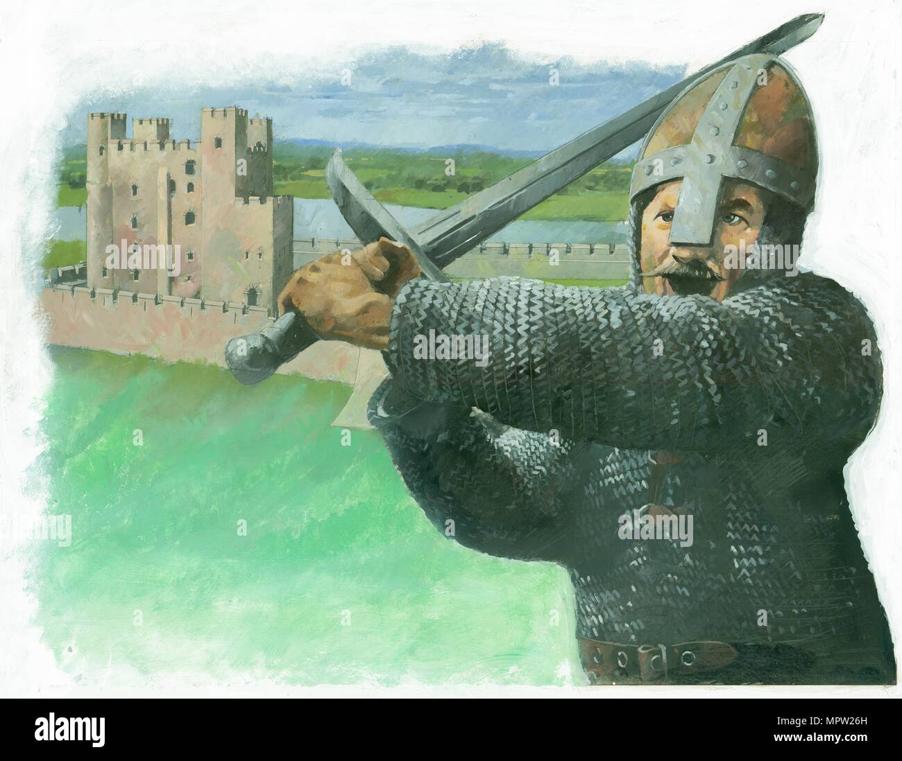 A Norman soldier attacking with a 'hand-and-a-half', a two-handed broadsword, 1990s. Artist: Ivan Lapper. Stock Photo
