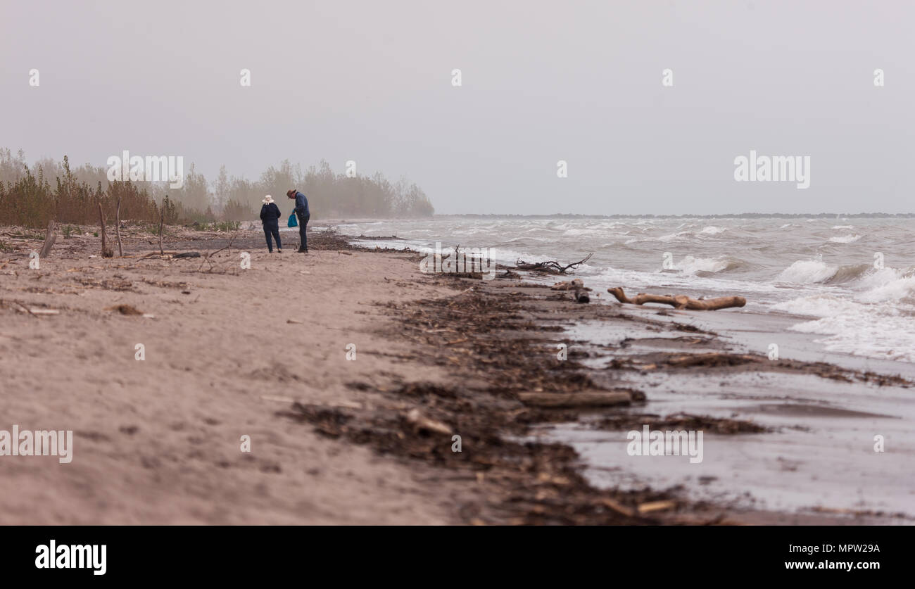 A couple walks along the beach at Port Burwell Provincial Park on a foggy spring day. Stock Photo
