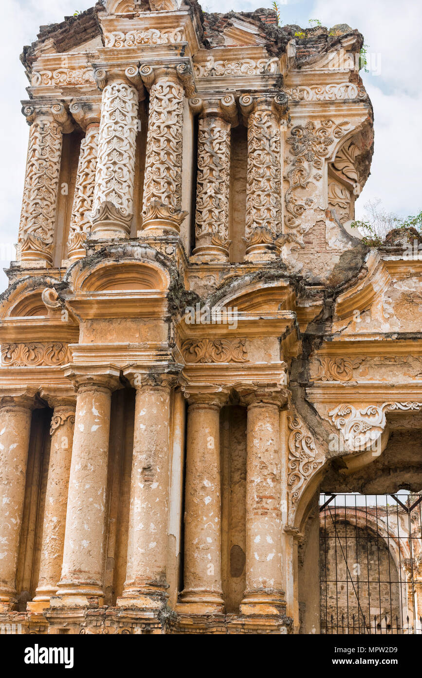 Architectural details from the ruins of church called Iglesia del Carmen in Antigua, Guatemala. Stock Photo