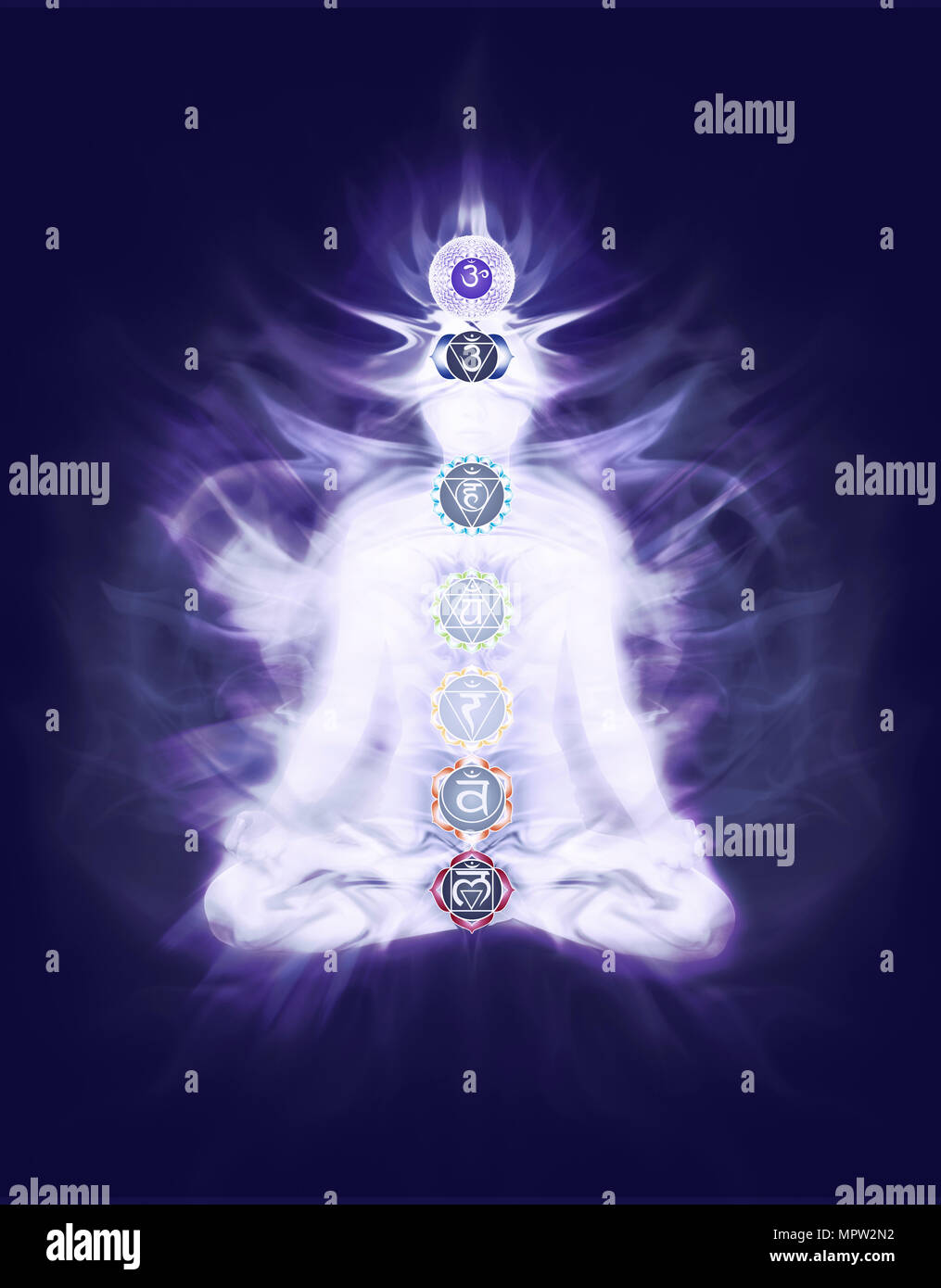 Woman sitting in Yoga meditation lotus pose with colored chakra symbols and emanating Qi energy overlayed on the body on dark navy blue purple color b Stock Photo