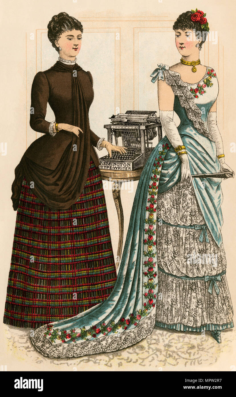 Godey's fashion lady with a Remington typewriter and one in a gown, 1880s. Color lithograph Stock Photo