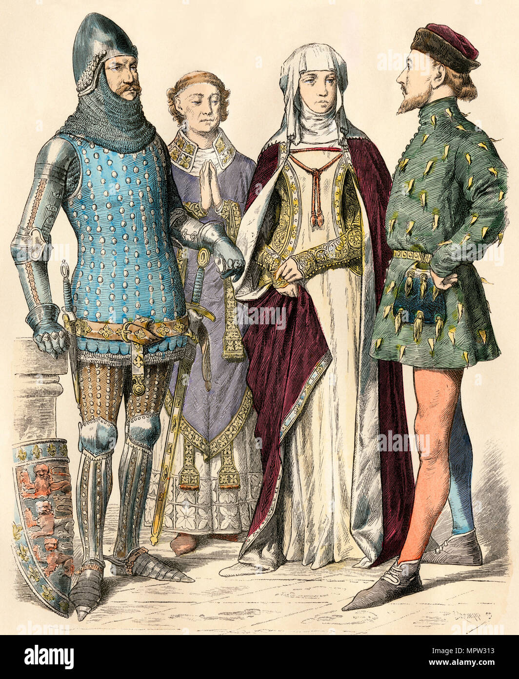 Medieval costume of knight, bishop, lady, and gentleman. Hand-colored ...