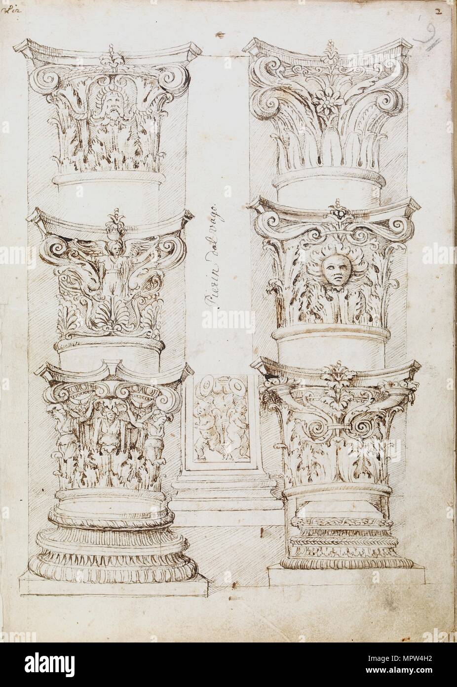 Six capitals, a lesene and two column bases, c1512-1517. Artist: Master of the Oxford Album. Stock Photo