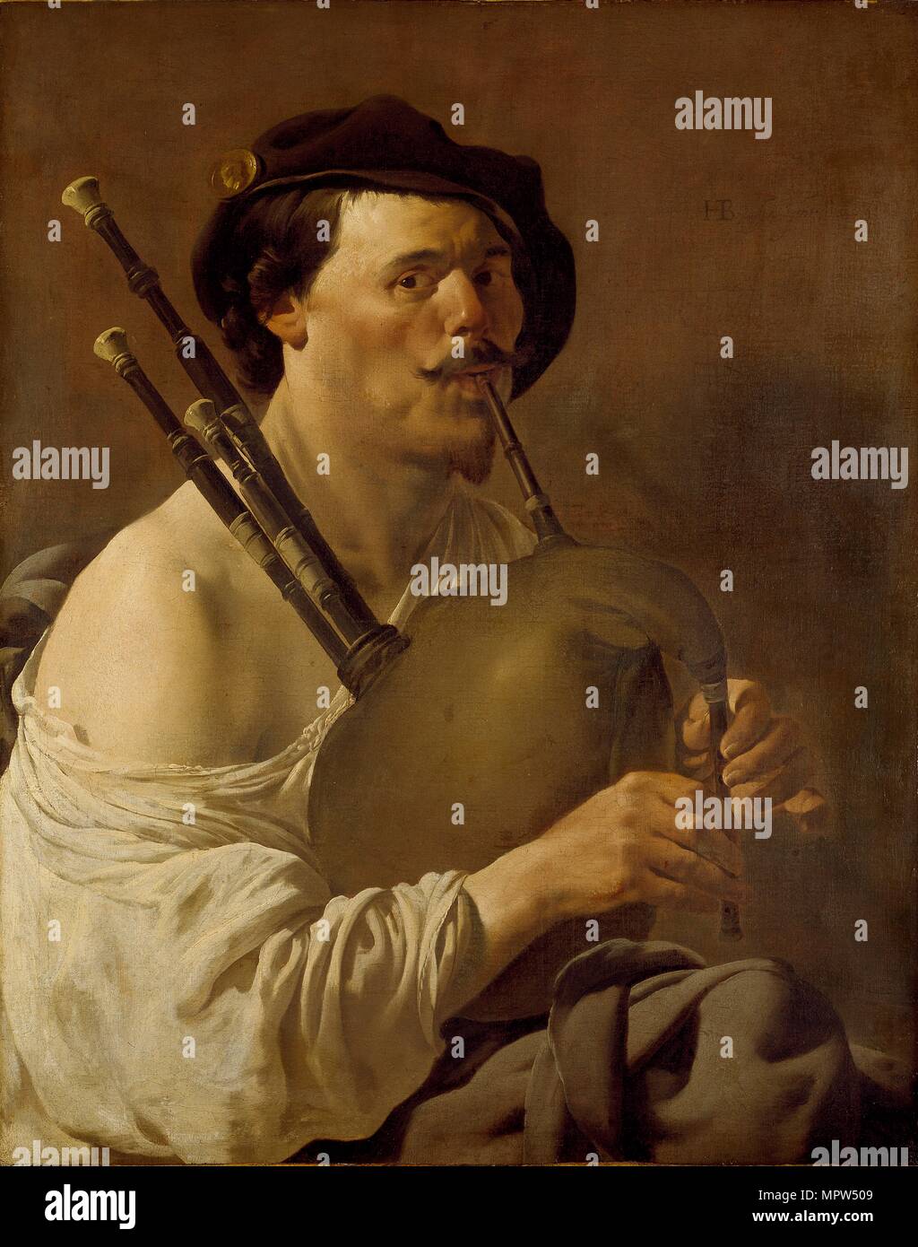 Portrait of a Man playing the Bagpipes, 1624. Artist: Hendrick ter Brugghen. Stock Photo