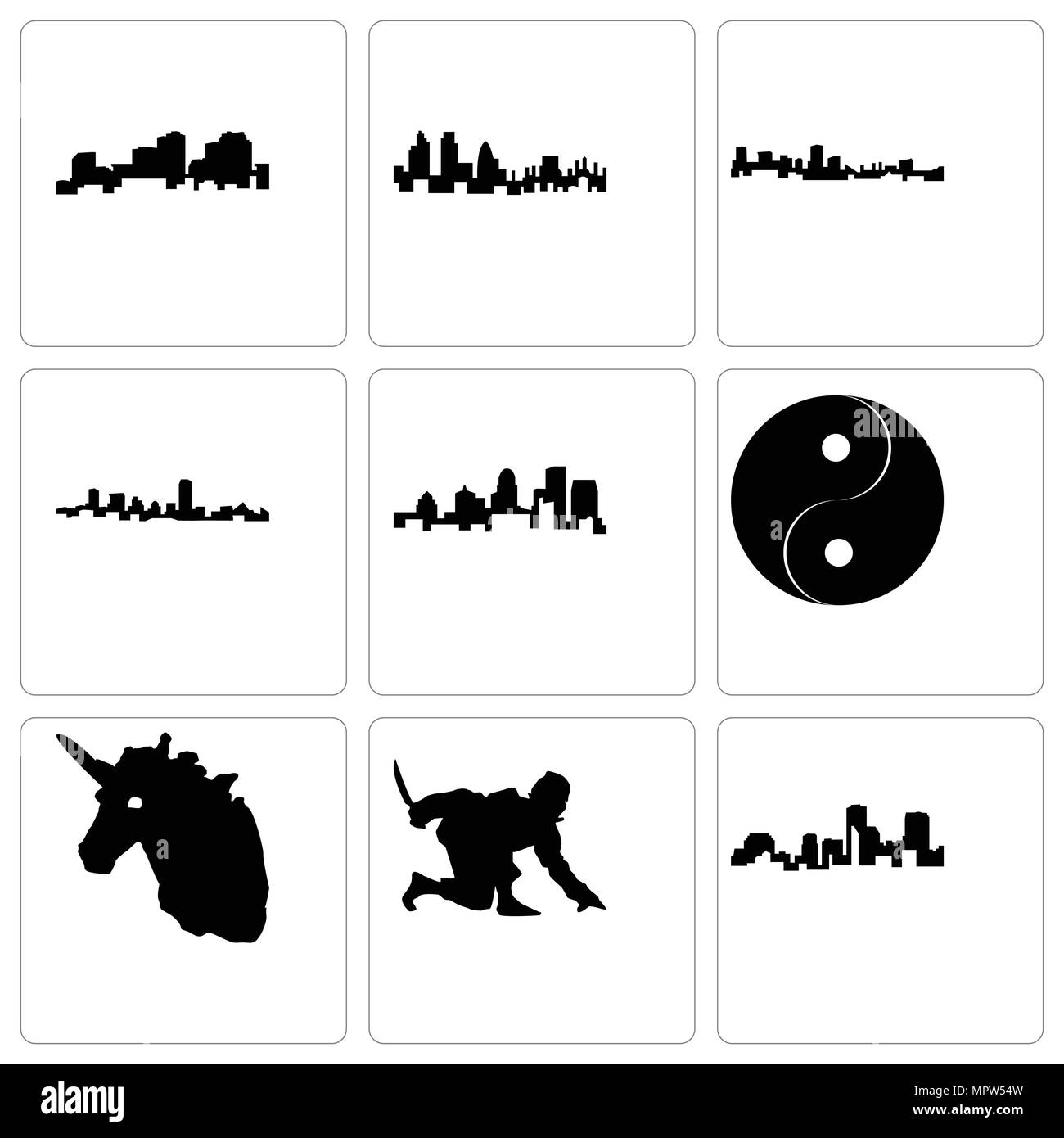 Set Of 9 simple editable icons such as louisiana, ninja, unicorn head, yin yang, kentucky state, maryland, london, can be used for mobile, web Stock Vector