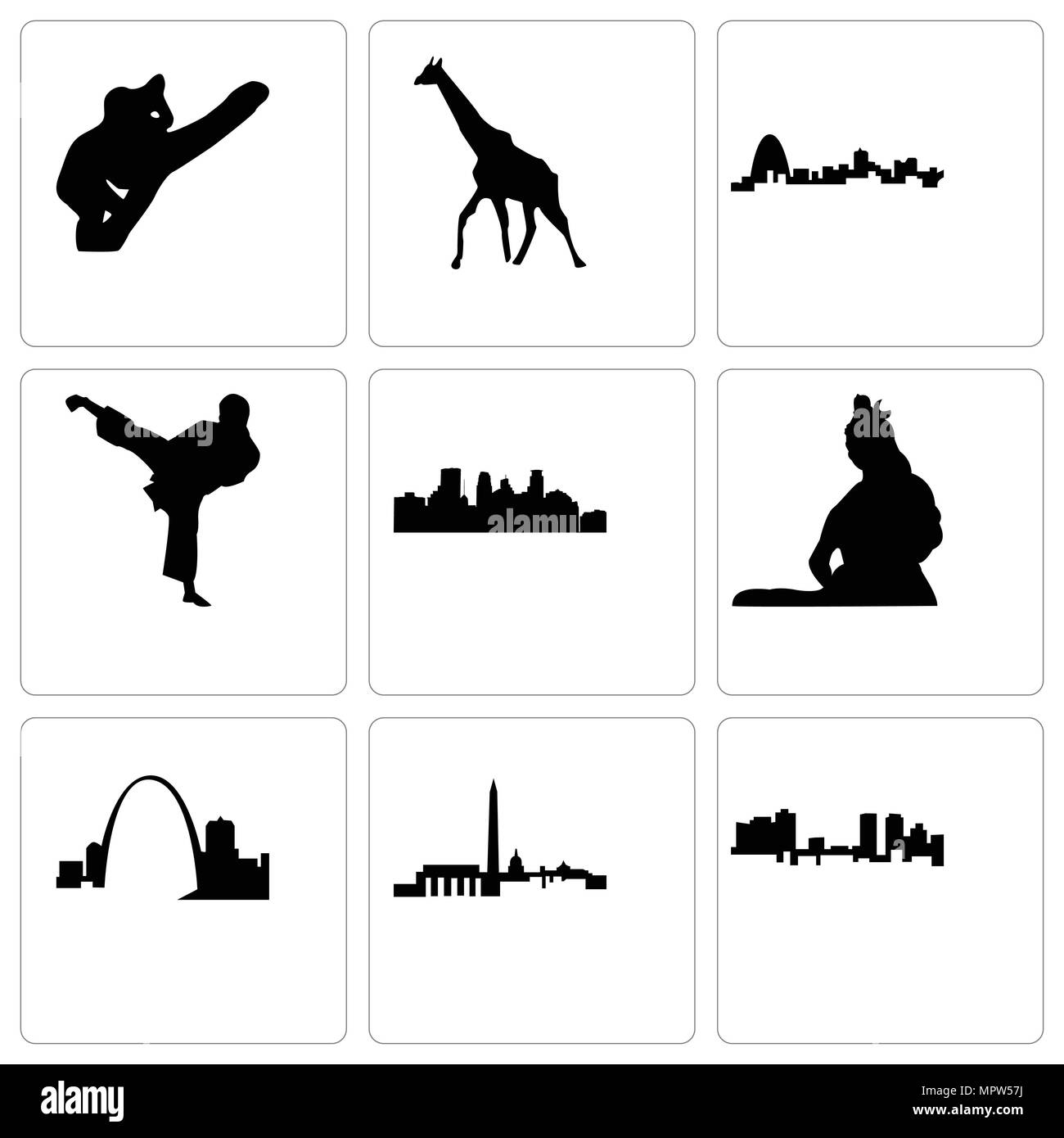 Set Of 9 simple editable icons such as fort worth, dc, missouri, lord shiva, minneapolis, karate kick, giraffe, koala, can be used for mobile, web Stock Vector