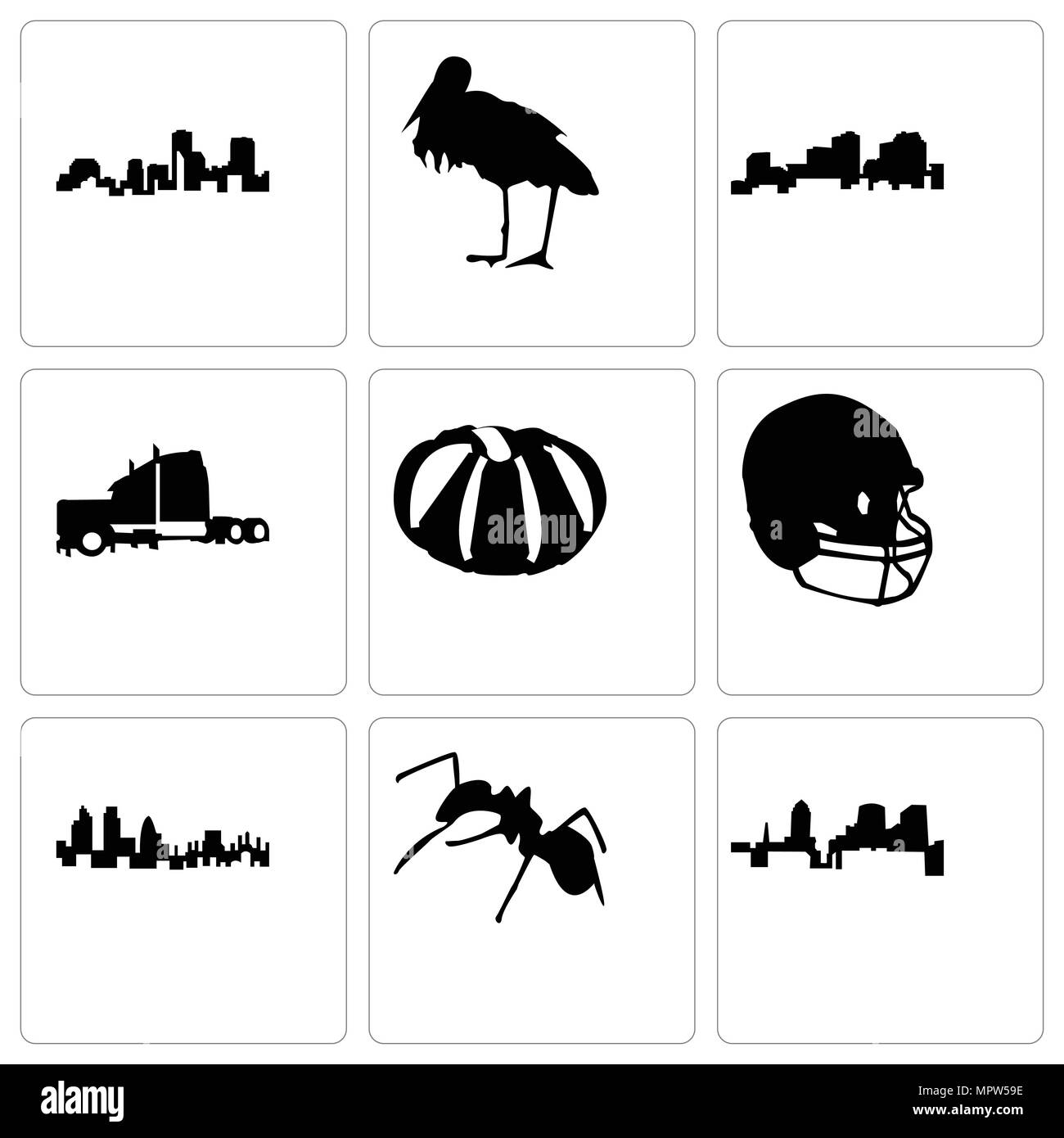 Set Of 9 simple editable icons such as ant, london, football helmet, pumpkin, semi truck, louisiana, stork, can be used for mobile, web Stock Vector