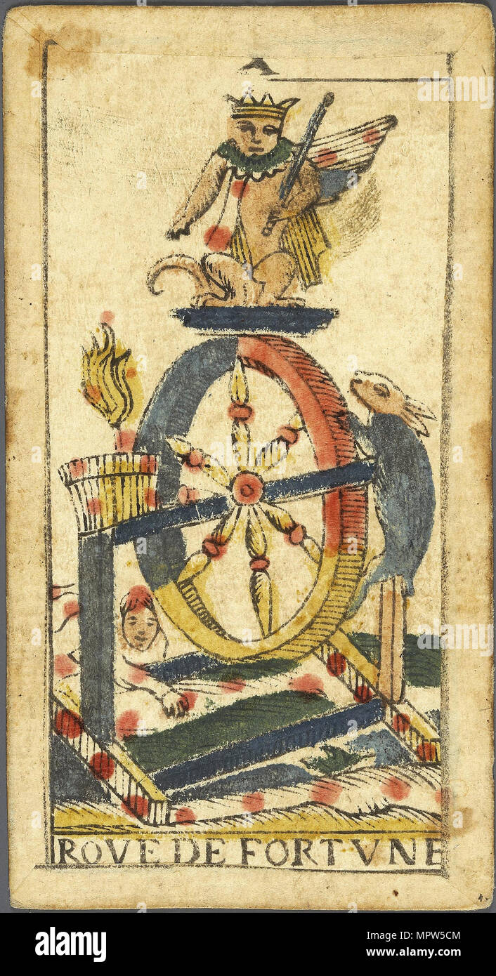 La Roue de Fortune (Wheel of Fortune), Tarot card, Early 18th cen.. Stock Photo