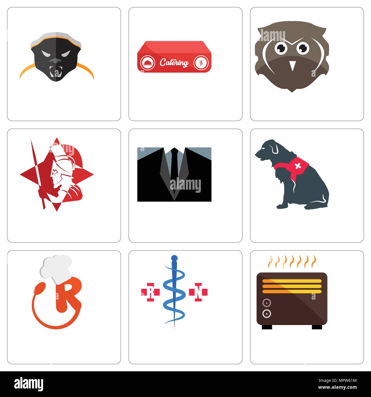 Set Of 9 simple editable icons such as heater, registe nurse, resturant, service dog, dress code, spartan, free owl, catering, honey badger, can be us Stock Vector