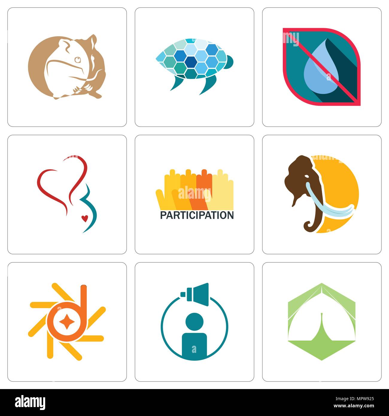Set Of 9 simple editable icons such as marquee, campaign management, d-star, mammoth, participation, gynecology, no water, sea turtle, hamster, can be Stock Vector
