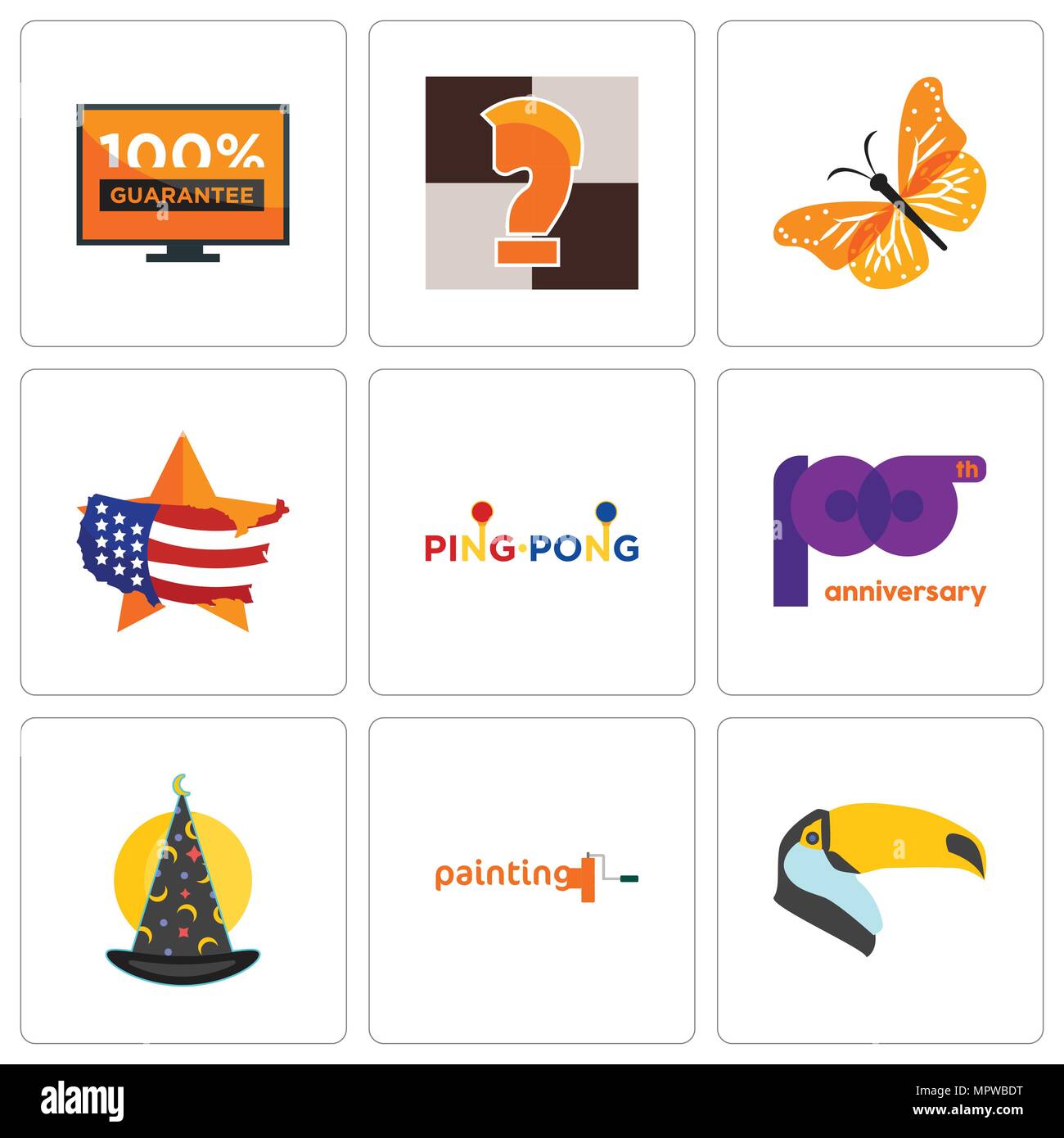 Set Of 9 simple editable icons such as toucan, painting company, wizard hat, 100th anniversary, ping pong, us map, monarch butterfly, chess knight, 10 Stock Vector