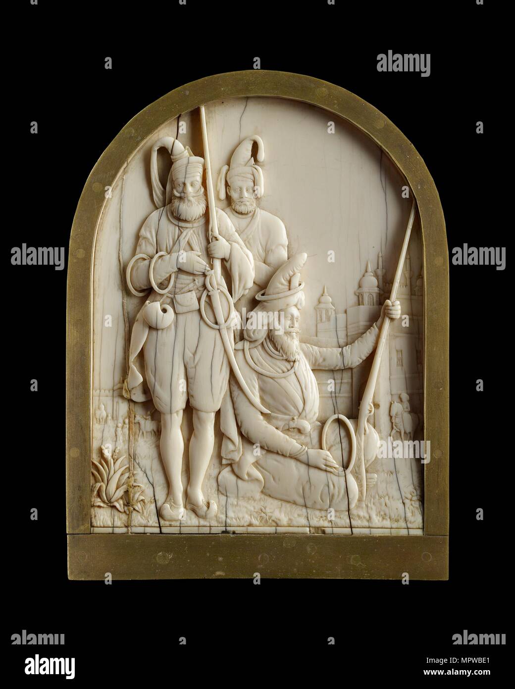 Ivory plaque depicting three Sikh warriors, 1845-1850. Artist: Unknown. Stock Photo